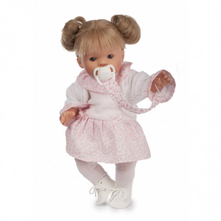 TYBER Anna blondýna v růžovobílém plačící panenka s dudlíkem, vel. 38 cm