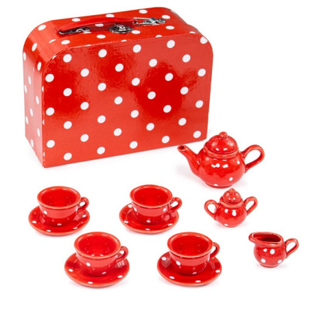 Červený puntikovaný čajový set